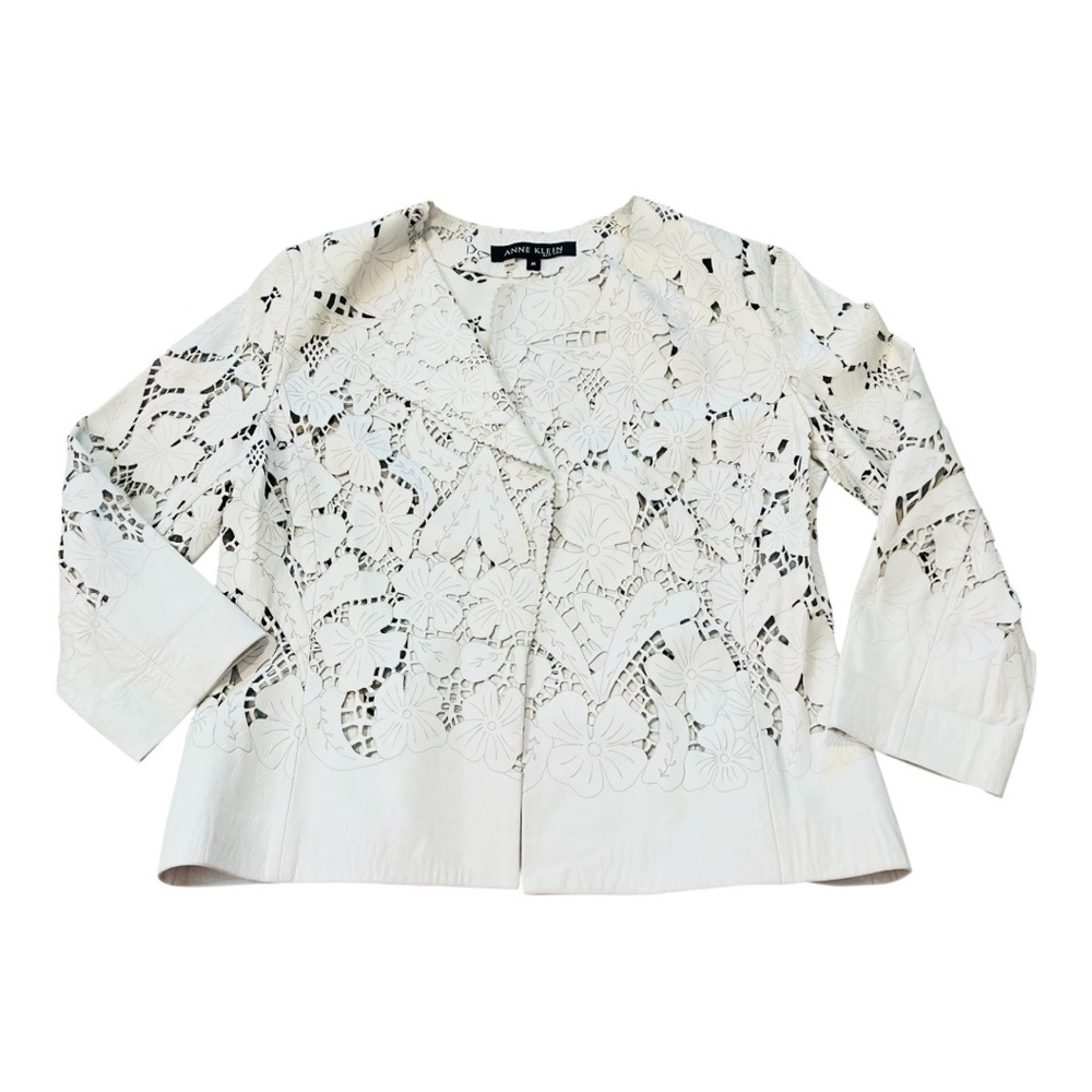 Anne Klein White Laser-Cut Floral Leather Jacket - Picture 2 of 11